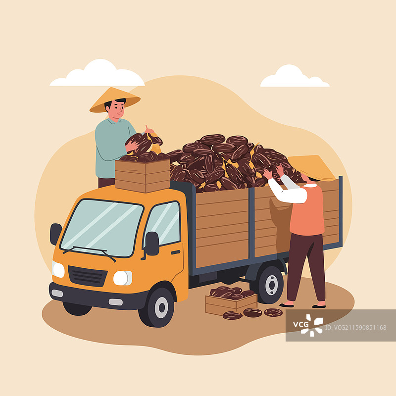 在乡村，两名男子正在将货物装载到卡车上。图片素材