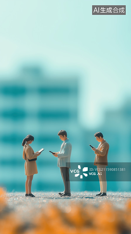 【AI数字艺术】微缩移轴三个人低头看着手中的手机电子产品图片素材