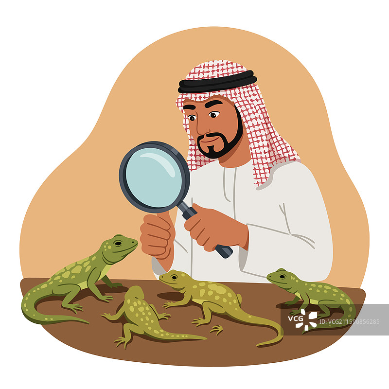 男子用放大镜检查蜥蜴图片素材
