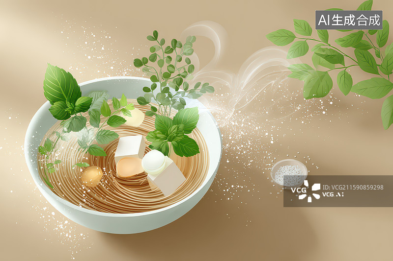 【AI数字艺术】中式茶碗绿叶方糖养生静物插画图片素材