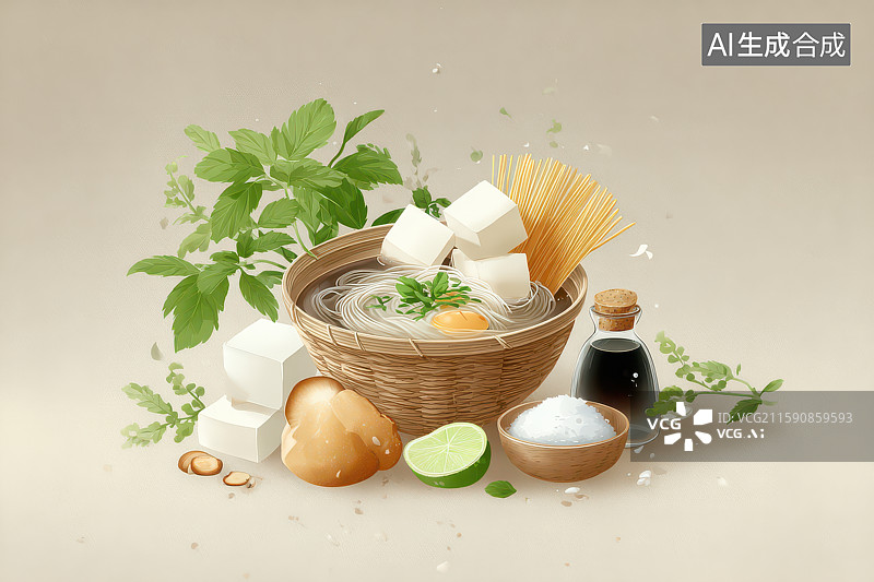 【AI数字艺术】中式茶碗绿叶方糖养生静物插画图片素材
