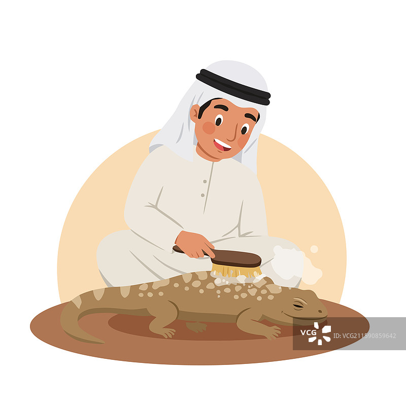 一个温柔关心的人的微笑，正在给蜥蜴刷毛。图片素材