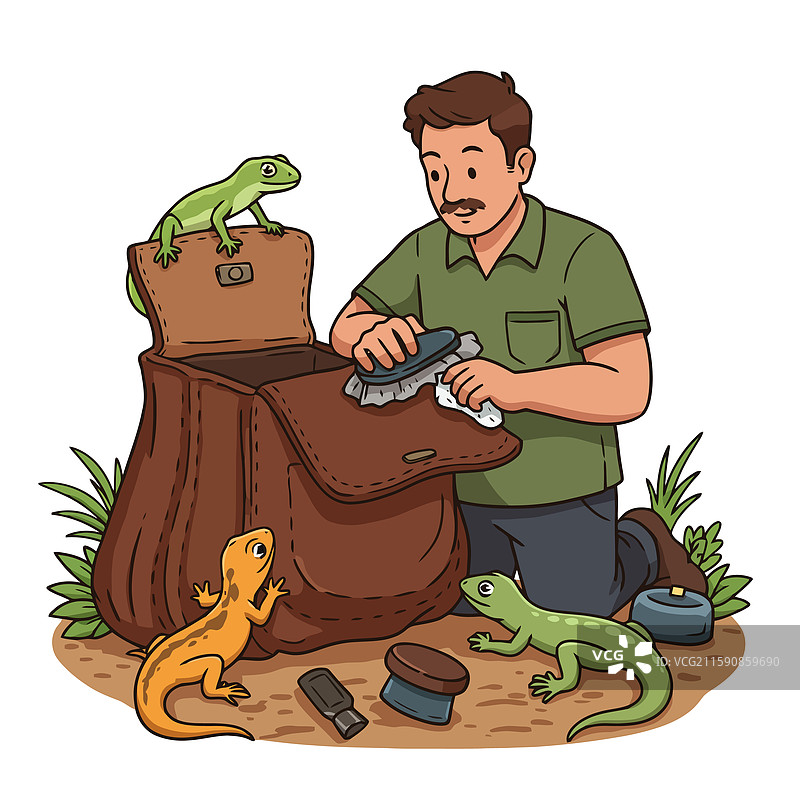 男人在清理周围有蜥蜴的皮革包图片素材
