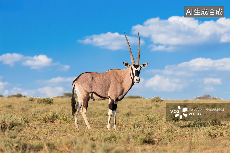 【AI数字艺术】蓝天白云，草地上的一只剑羚羊图片素材