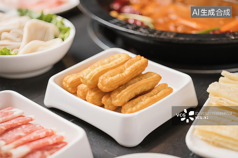 【AI数字艺术】红油火锅为背景，一盘美味的小油条图片素材