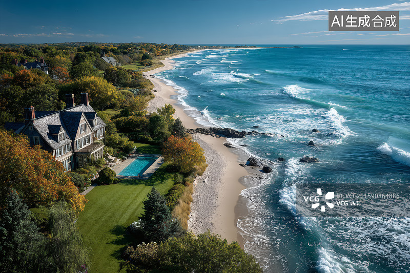 【AI数字艺术】海边的庄园，海浪拍打着沙滩，白色的浪花图片素材