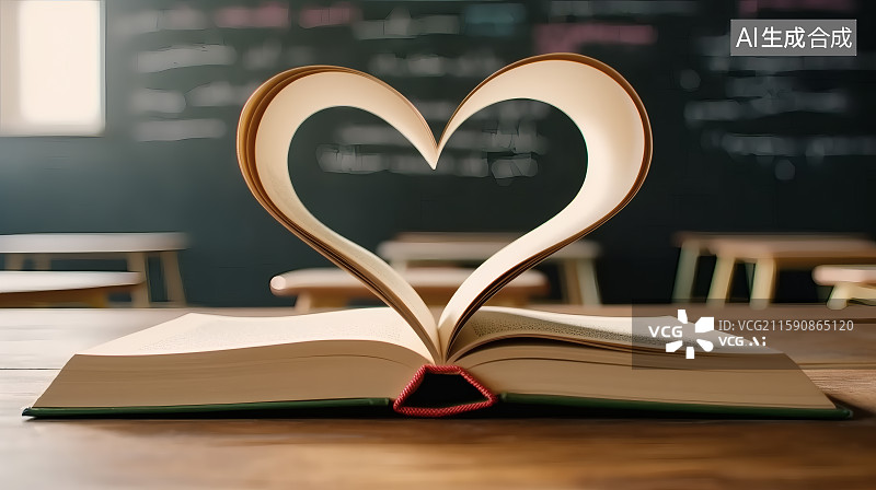 【AI数字艺术】黑板为背景，翻开的书籍，书页组成的爱心形状图片素材