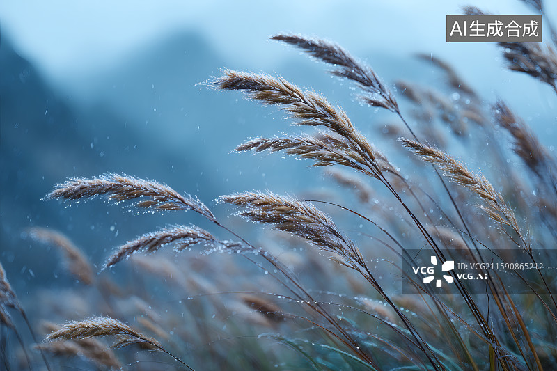 【AI数字艺术】清晨，被露水打湿的芦苇，白露节气海报图片素材