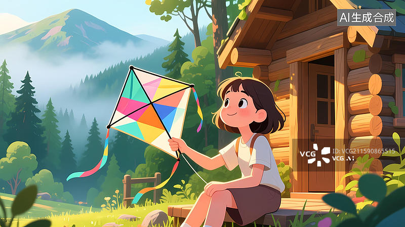 【AI数字艺术】女孩放风筝山景图片素材