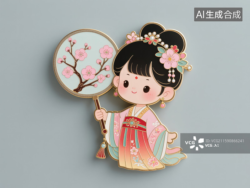 【AI数字艺术】拿着带有梅花图案的古风圆扇穿着古代服装的精致的卡通古风女孩做成的搪瓷金属材质文创勋章冰箱贴纪念章图片素材