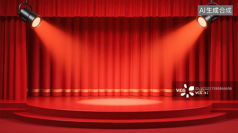 【AI数字艺术】3D渲染黄色聚光灯下红色的窗帘幕布和明亮的舞台图片素材