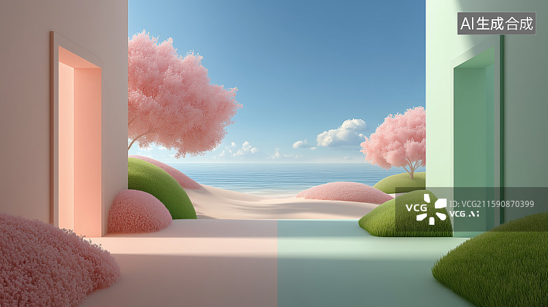 【AI数字艺术】粉红色云海与敞开的门窗图片素材