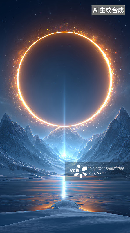 【AI数字艺术】日环食下的雪山倒影图片素材