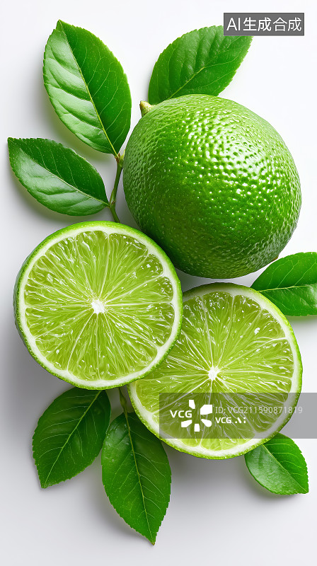 【AI数字艺术】新鲜青柠切片与绿叶水滴特写图片素材