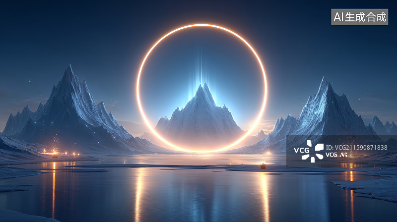 【AI数字艺术】日环食下的雪山倒影图片素材