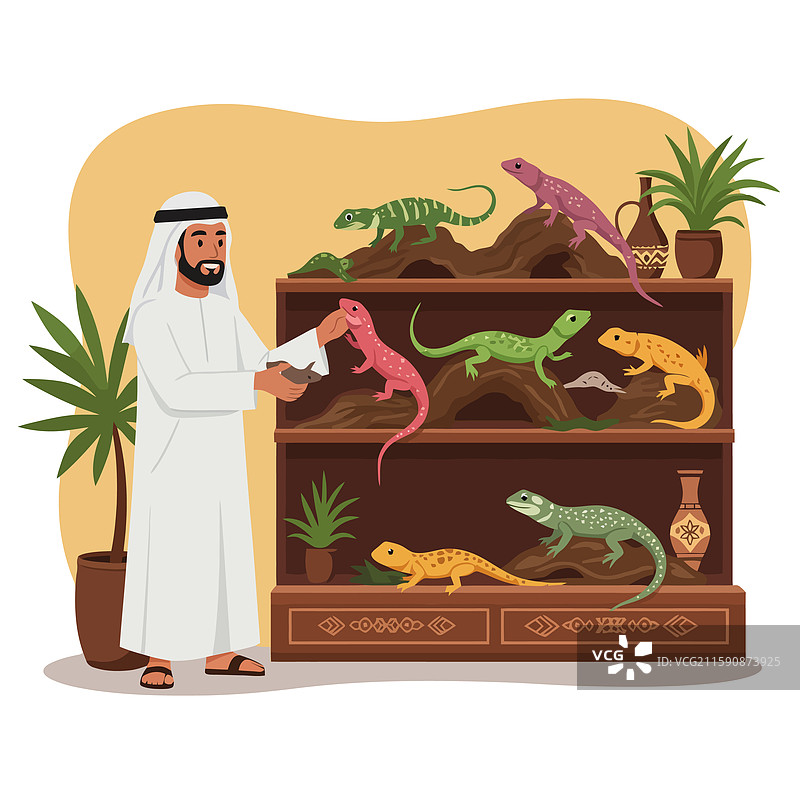 男子在展示一个包含蜥蜴的玻璃箱图片素材