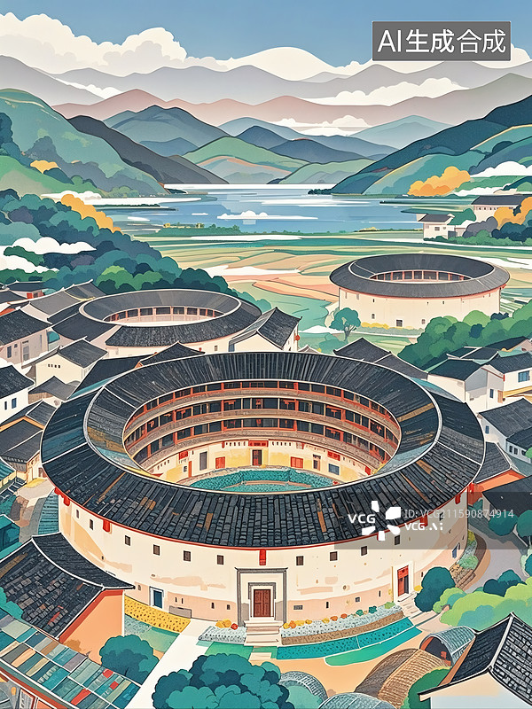 【AI数字艺术】客家土楼群落山水环绕图片素材