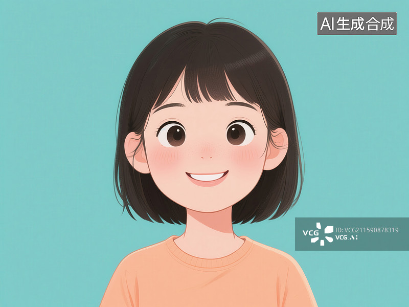 【AI数字艺术】卡通风格微笑少女头像插画图片素材