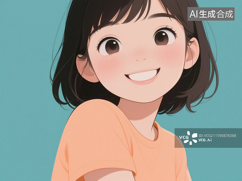 【AI数字艺术】卡通风格微笑少女头像插画图片素材
