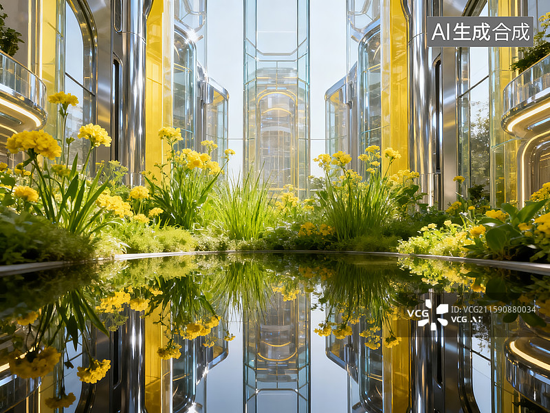 【AI数字艺术】未来感建筑中庭：金属玻璃结构与自然水景花卉的融合空间图片素材