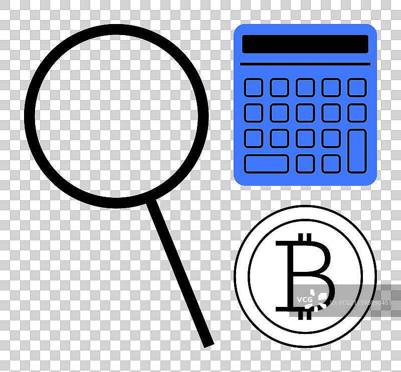 放大镜、数字计算器和比特币图片素材