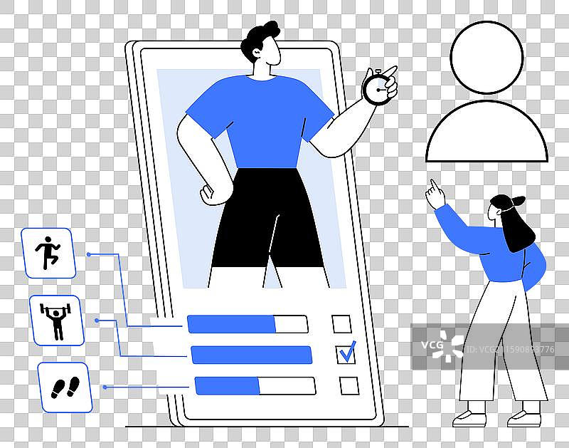 健身应用界面，带有进度跟踪器和图片素材