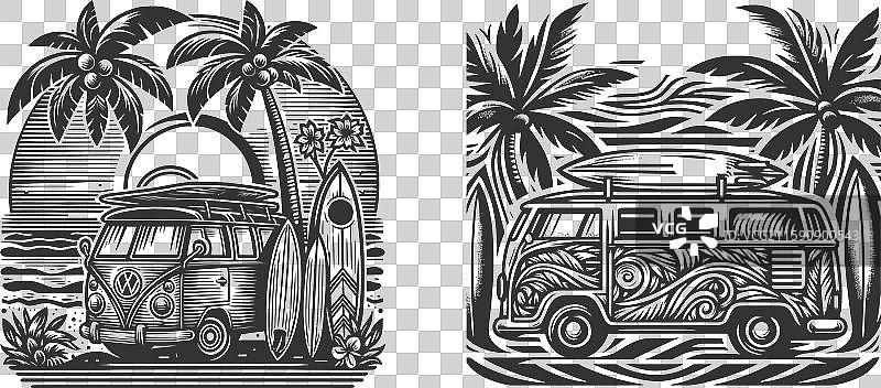 冲浪巴士小型面包车与棕榈椰子树图片素材