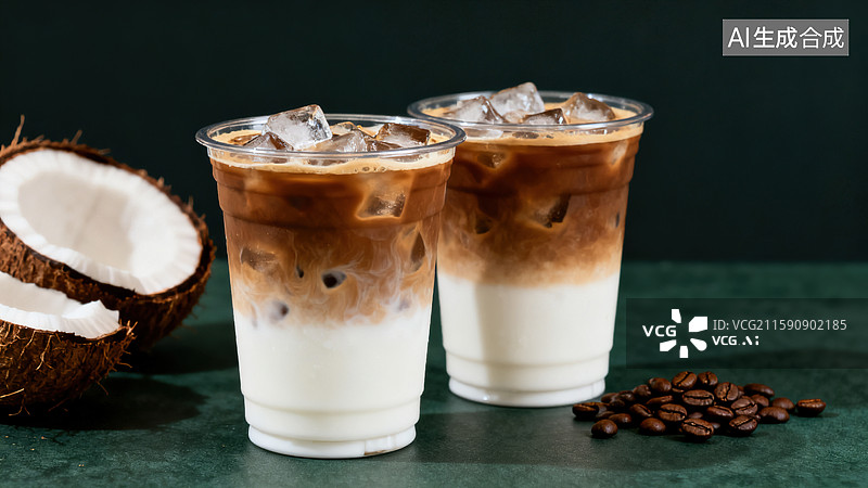【AI数字艺术】玻璃杯里的分层冰咖啡与椰子图片素材