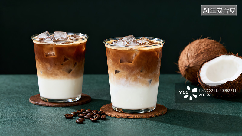【AI数字艺术】玻璃杯里的分层冰咖啡与椰子图片素材