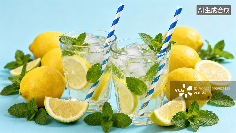 【AI数字艺术】蓝色背景下的两杯柠檬薄荷冰饮图片素材