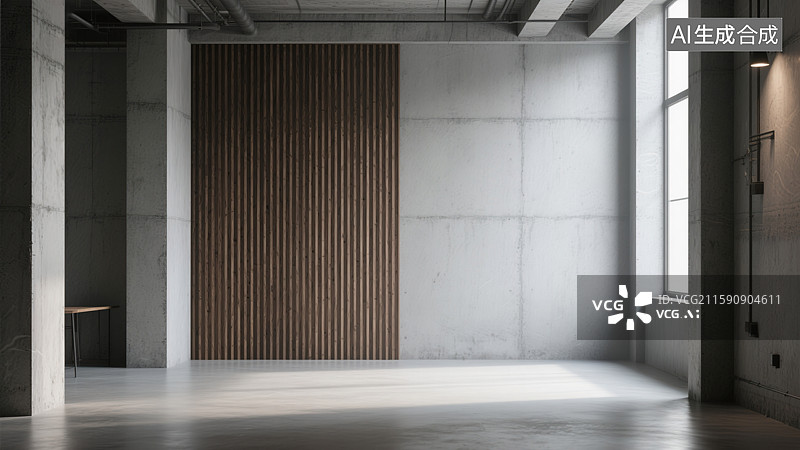 【AI数字艺术】工业风空旷空间里的水泥墙与木饰板图片素材