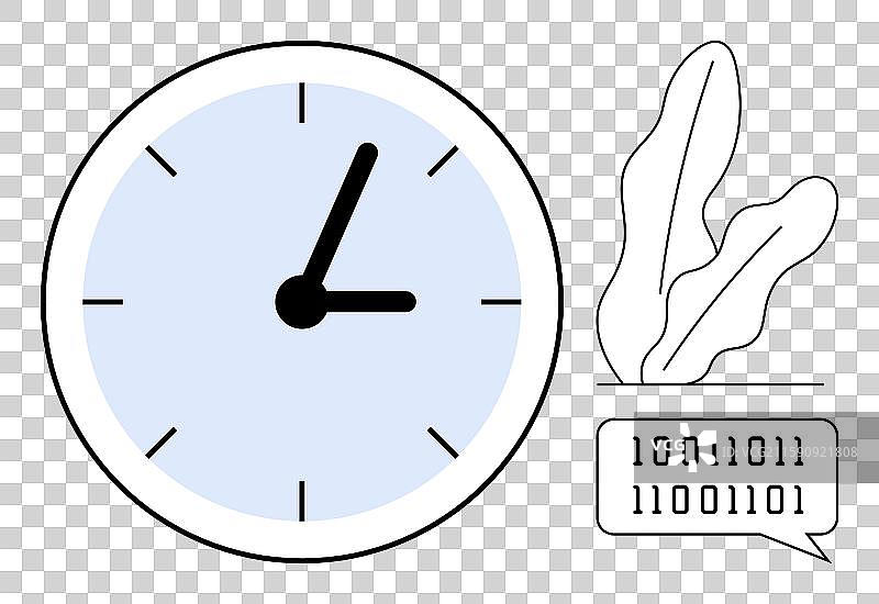 带有二进制代码的时钟、对话气泡和植物图片素材