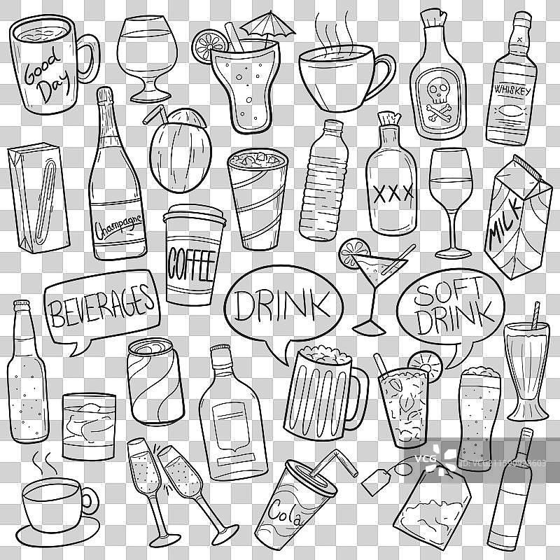 饮料和饮品涂鸦图标线条艺术图片素材