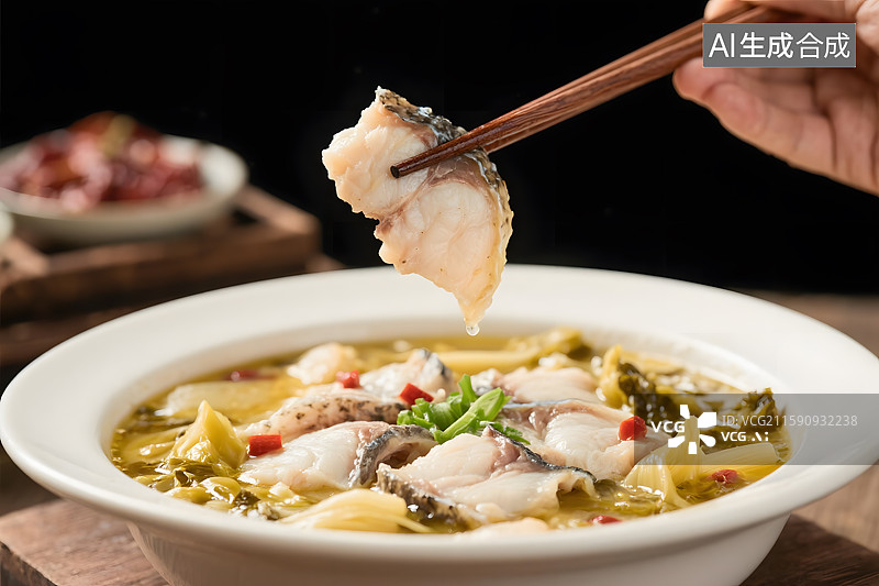 【AI数字艺术】一份色泽诱人的酸菜鱼，筷子夹起一块鱼肉图片素材