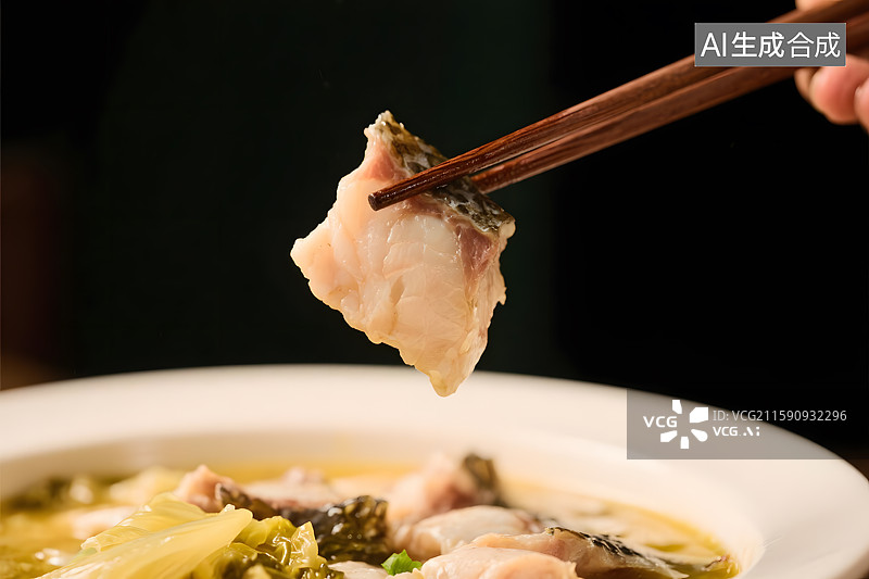【AI数字艺术】一份色泽诱人的酸菜鱼，筷子夹起一块鱼肉图片素材