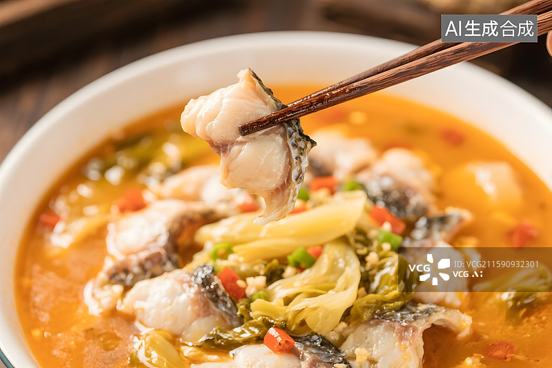 【AI数字艺术】一份色泽诱人的酸菜鱼，筷子夹起一块鱼肉图片素材