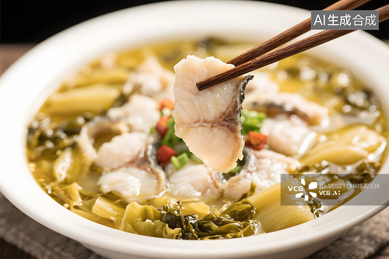 【AI数字艺术】一份色泽诱人的酸菜鱼，筷子夹起一块鱼肉图片素材