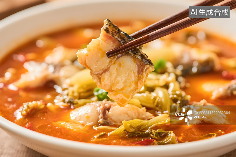 【AI数字艺术】一份色泽诱人的酸菜鱼，筷子夹起一块鱼肉图片素材