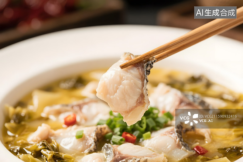 【AI数字艺术】一份色泽诱人的酸菜鱼，筷子夹起一块鱼肉图片素材