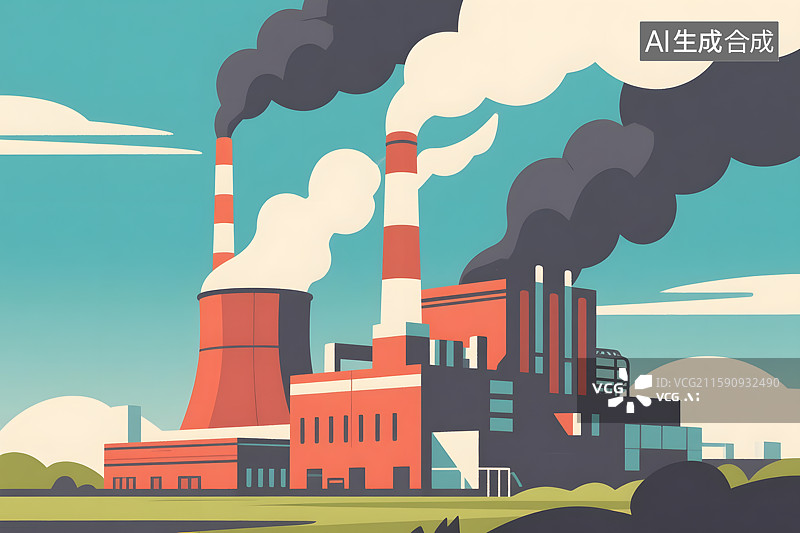【AI数字艺术】火力发电厂平面插画图片素材