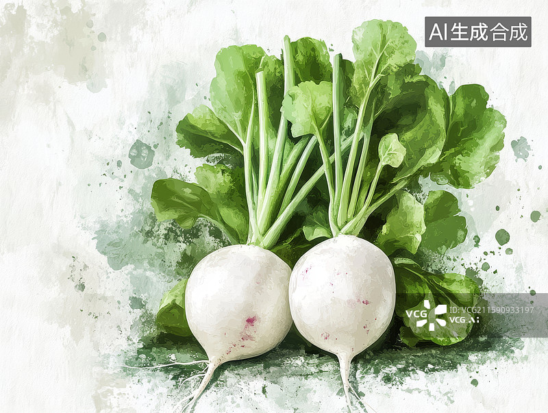 【AI数字艺术】新鲜白萝卜与绿叶图片素材
