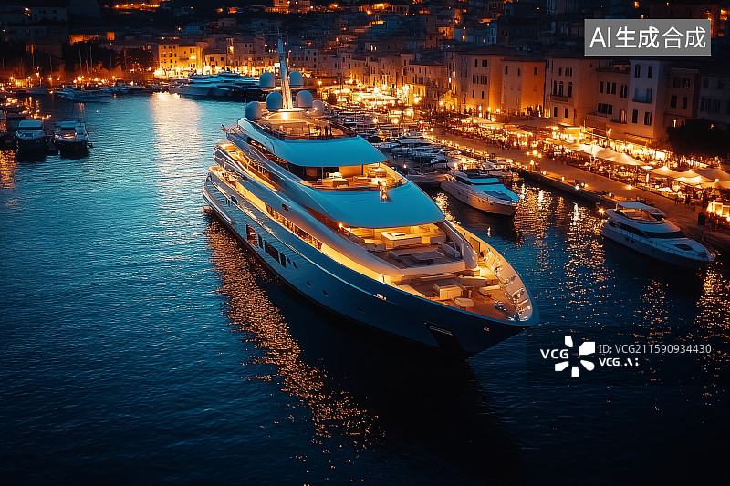 【AI数字艺术】夜幕下的豪华游艇停泊港口图片素材