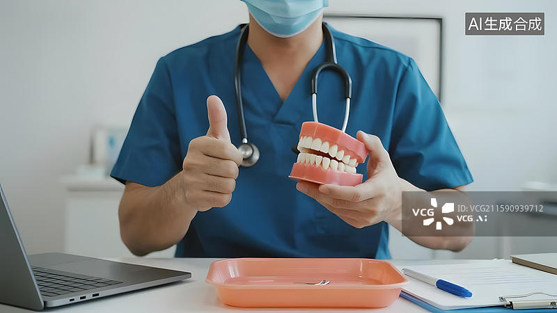 【AI数字艺术】牙医展示牙齿模型并竖起大拇指图片素材