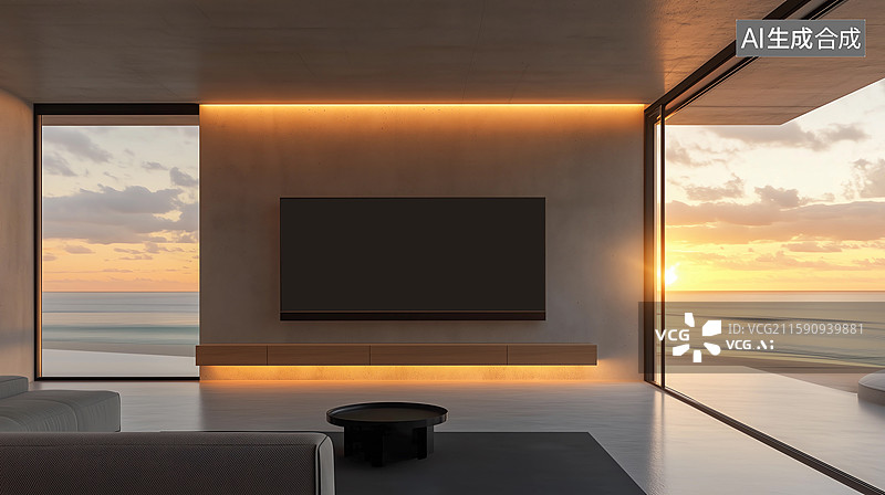 【AI数字艺术】黄昏下带落地窗和电视的海边别墅客厅图片素材