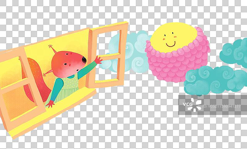 免抠元素 动物主题插画 红松鼠打开窗户与月亮云朵对话图片素材