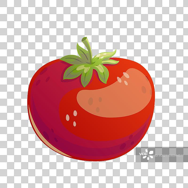 这是一个鲜艳的红色番茄，配有新鲜的绿色叶子。图片素材