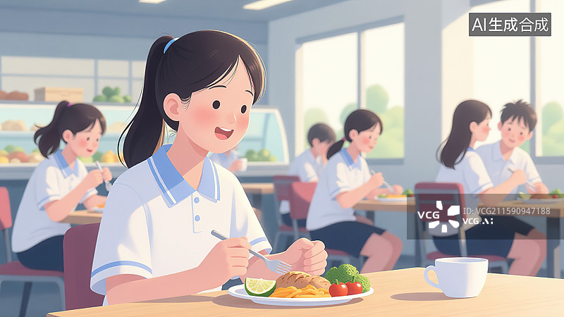 【AI数字艺术】校园里用餐的女生图片素材
