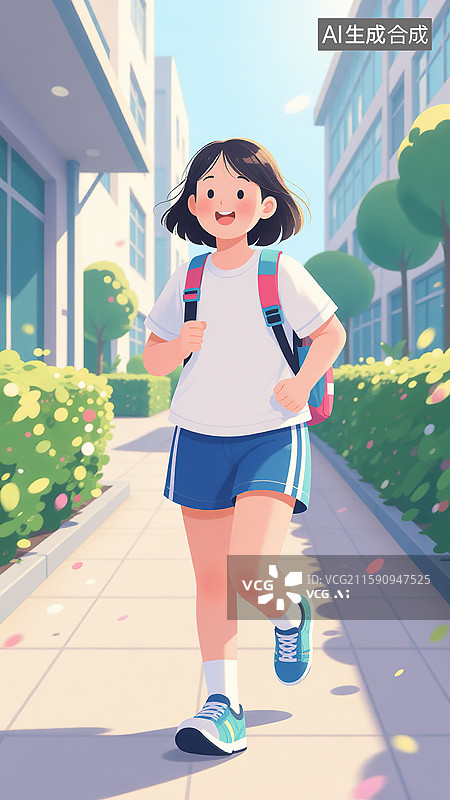 【AI数字艺术】校园中行走的年轻女孩图片素材