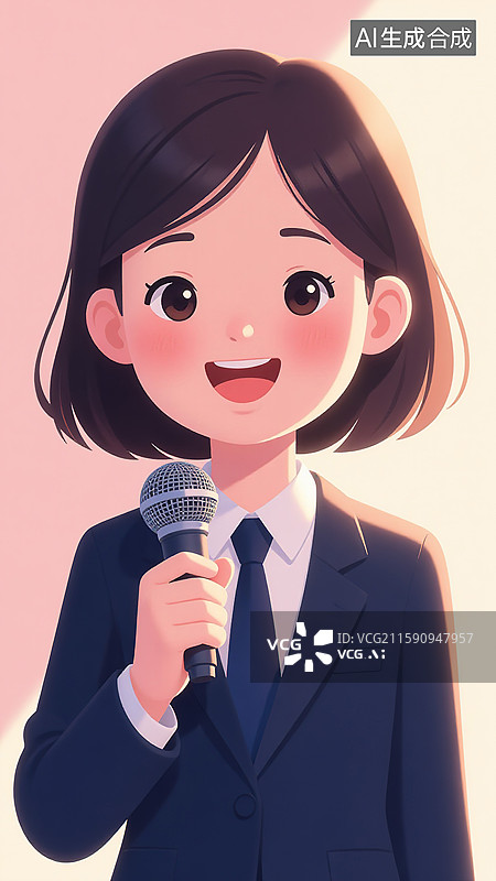 【AI数字艺术】身着西装手持话筒的女性图片素材