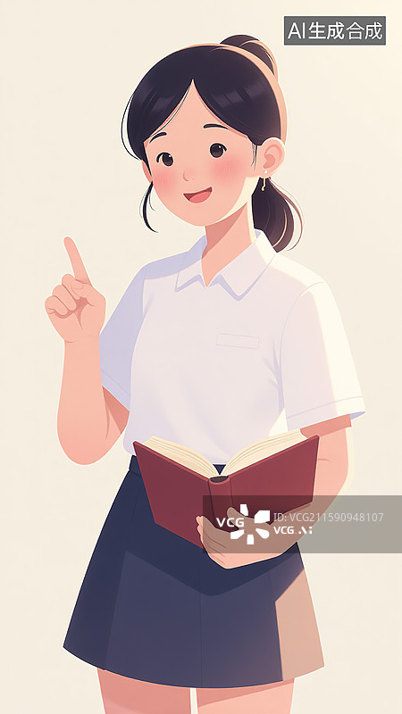 【AI数字艺术】手持书本并指向上方的年轻女性图片素材